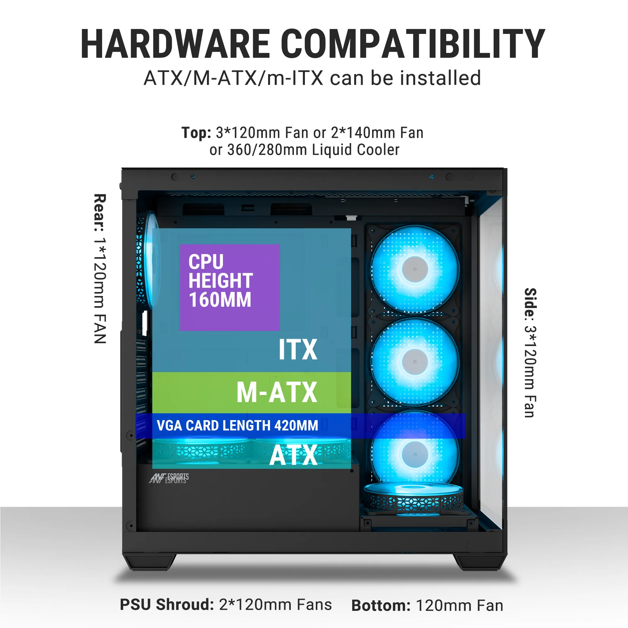 Ant Esports Gaming Cabinet Crystal x7 Black with Type-C view 8